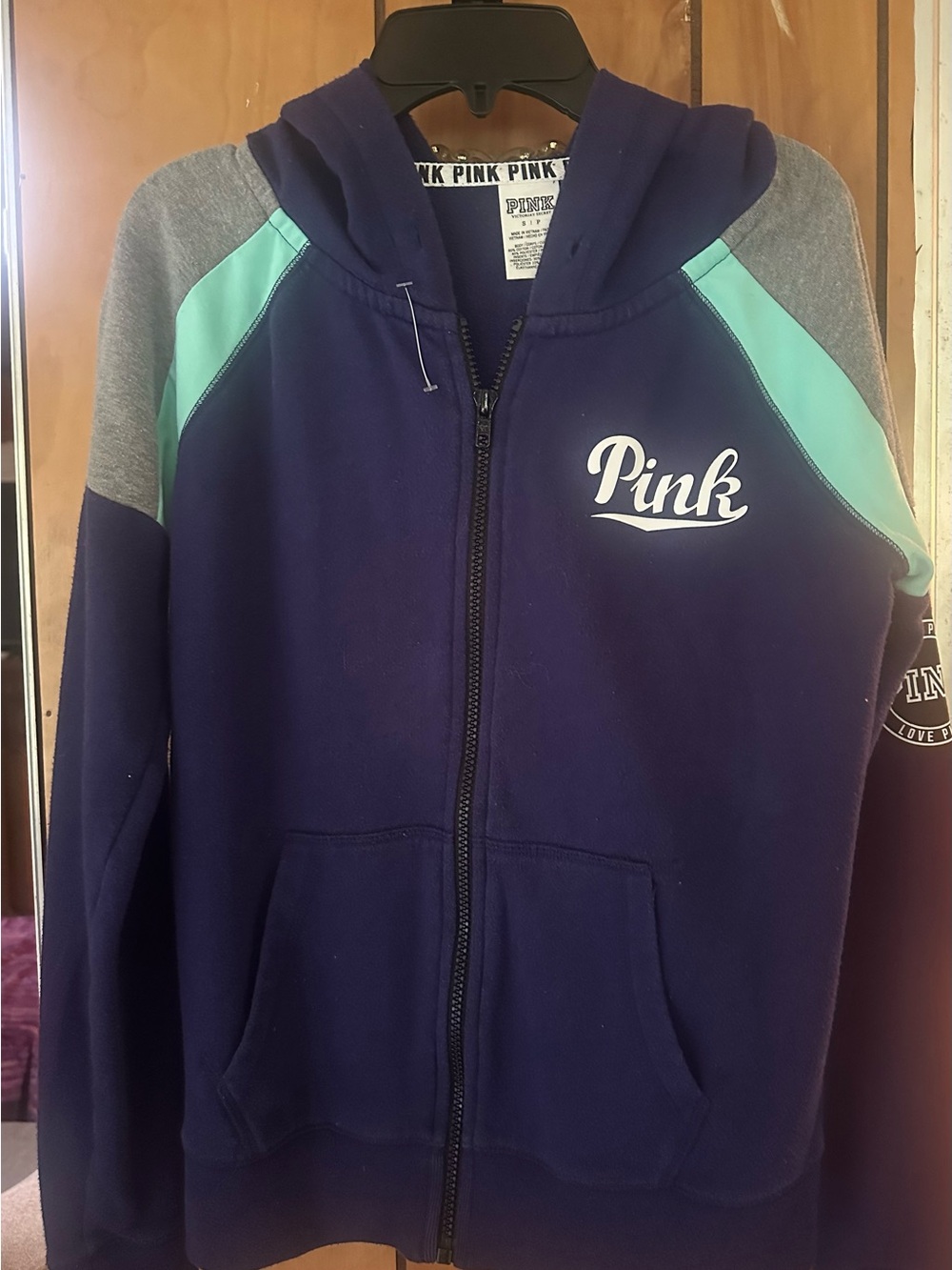 PINK Victoria's Secret Navy Zip Hoodie with Mint and Gray Accents Small